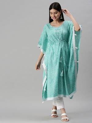 women's round neck leheriya leheriya turquoise blue kaftan kurta and trouser 2