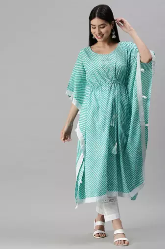 women's round neck leheriya leheriya turquoise blue kaftan kurta and trouser