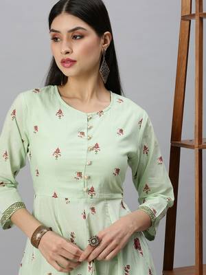women's round neck floral foil print green anarkali kurta and palazzos 2
