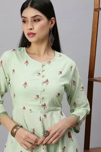 women's round neck floral foil print green anarkali kurta and palazzos