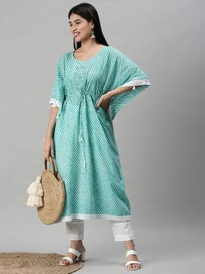 women's round neck leheriya leheriya turquoise blue kaftan kurta and trouser 3