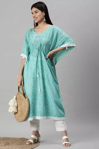 women's round neck leheriya leheriya turquoise blue kaftan kurta and trouser