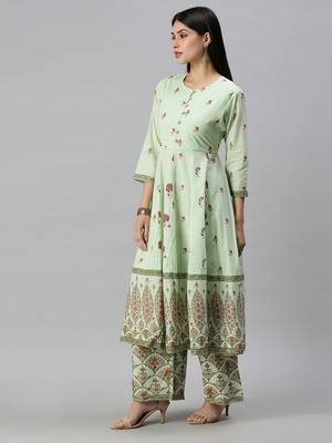 women's round neck floral foil print green anarkali kurta and palazzos 3