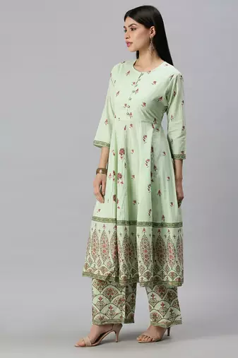 women's round neck floral foil print green anarkali kurta and palazzos