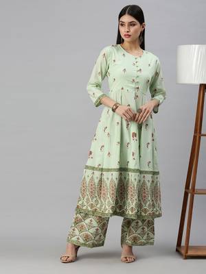 women's round neck floral foil print green anarkali kurta and palazzos 4