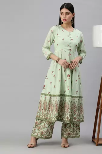 women's round neck floral foil print green anarkali kurta and palazzos
