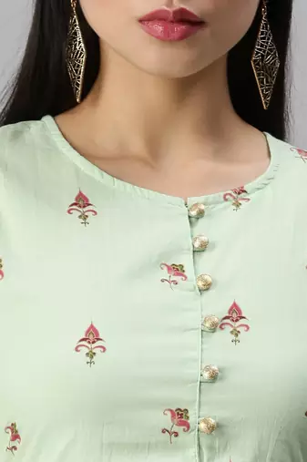 women's round neck floral foil print green anarkali kurta and palazzos