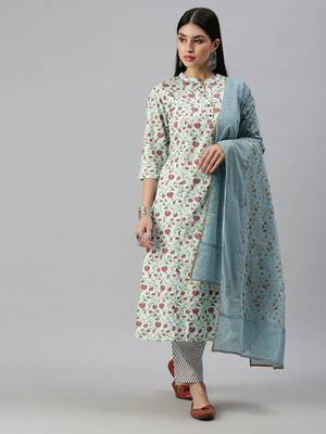 women's mandarin collar floral foil print blue straight kurta and trouser with dupatta 1