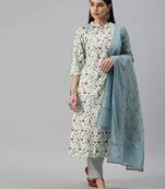 women's mandarin collar floral foil print blue straight kurta and trouser with dupatta