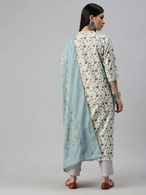 women's mandarin collar floral foil print blue straight kurta and trouser with dupatta 2