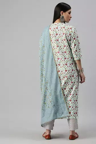 women's mandarin collar floral foil print blue straight kurta and trouser with dupatta