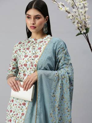women's mandarin collar floral foil print blue straight kurta and trouser with dupatta 3