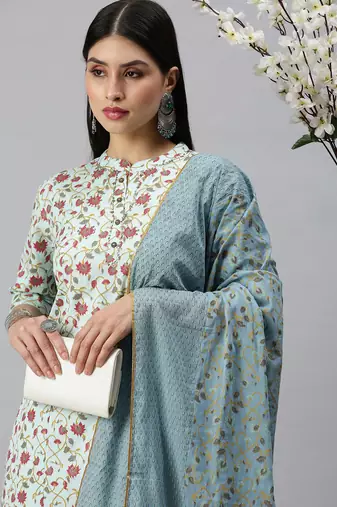 women's mandarin collar floral foil print blue straight kurta and trouser with dupatta
