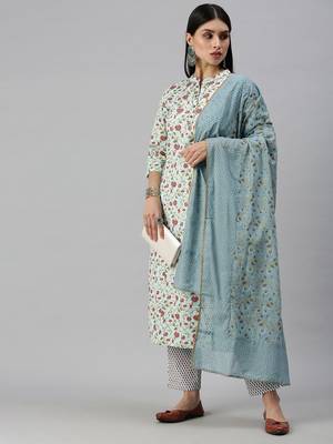 women's mandarin collar floral foil print blue straight kurta and trouser with dupatta 4