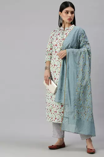 women's mandarin collar floral foil print blue straight kurta and trouser with dupatta