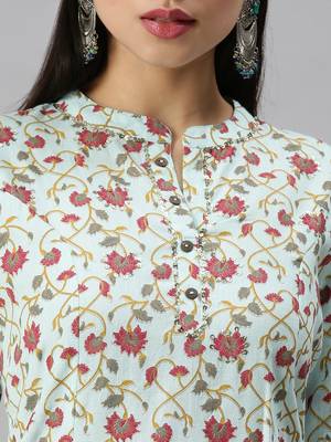women's mandarin collar floral foil print blue straight kurta and trouser with dupatta 5