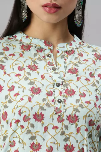 women's mandarin collar floral foil print blue straight kurta and trouser with dupatta