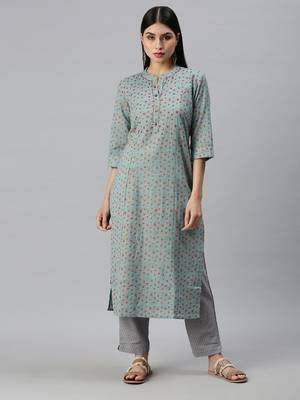 women's mandarin collar floral foil print teal straight kurta and trouser 1
