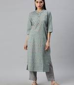 women's mandarin collar floral foil print teal straight kurta and trouser