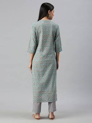 women's mandarin collar floral foil print teal straight kurta and trouser 2
