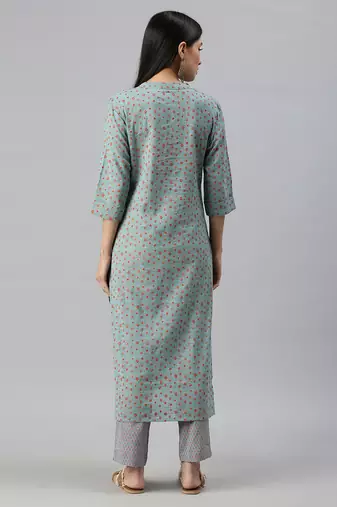 women's mandarin collar floral foil print teal straight kurta and trouser
