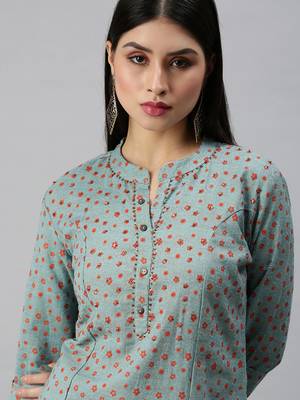 women's mandarin collar floral foil print teal straight kurta and trouser 3