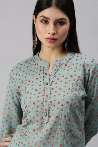 women's mandarin collar floral foil print teal straight kurta and trouser
