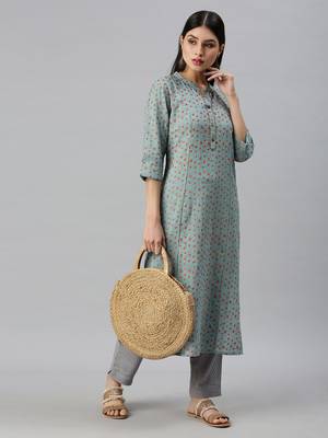 women's mandarin collar floral foil print teal straight kurta and trouser 4