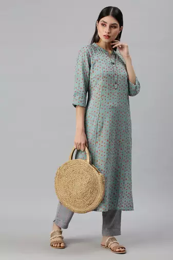 women's mandarin collar floral foil print teal straight kurta and trouser