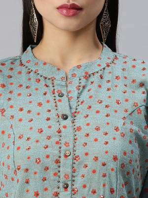 women's mandarin collar floral foil print teal straight kurta and trouser 5