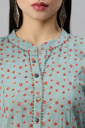 women's mandarin collar floral foil print teal straight kurta and trouser