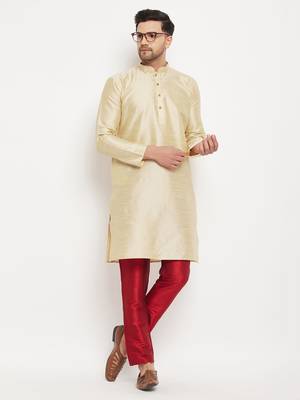 Gold And Maroon Silk Blend Kurta Pyjama Set 1