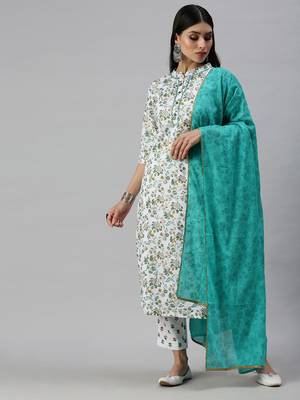 women's mandarin collar floral foil print white straight kurta and trouser with dupatta 1