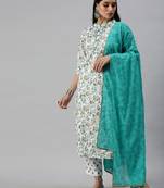 women's mandarin collar floral foil print white straight kurta and trouser with dupatta