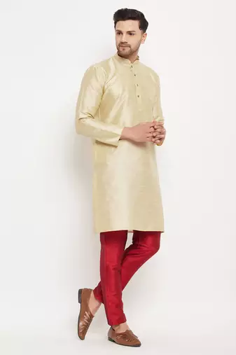 Gold And Maroon Silk Blend Kurta Pyjama Set