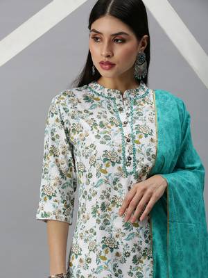women's mandarin collar floral foil print white straight kurta and trouser with dupatta 2