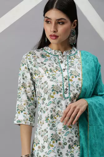 women's mandarin collar floral foil print white straight kurta and trouser with dupatta