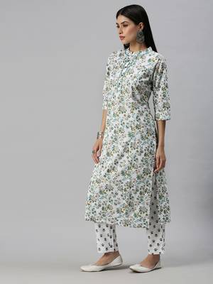 women's mandarin collar floral foil print white straight kurta and trouser with dupatta 3