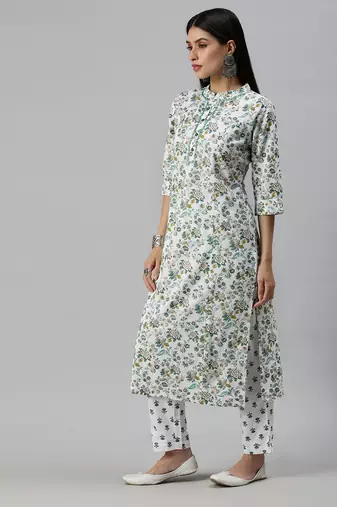 women's mandarin collar floral foil print white straight kurta and trouser with dupatta