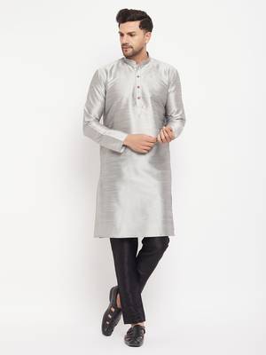 Grey And Black Silk Blend Kurta Pyjama Set 1