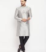 Grey And Black Silk Blend Kurta Pyjama Set