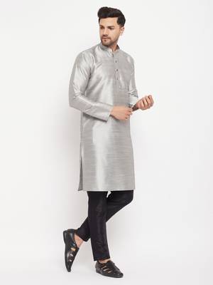 Grey And Black Silk Blend Kurta Pyjama Set 2