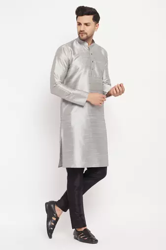 Grey And Black Silk Blend Kurta Pyjama Set