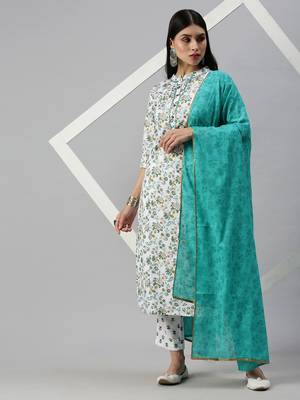 women's mandarin collar floral foil print white straight kurta and trouser with dupatta 4