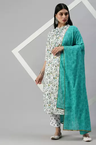 women's mandarin collar floral foil print white straight kurta and trouser with dupatta