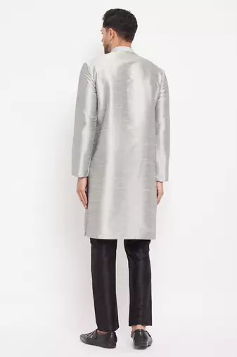 Grey And Black Silk Blend Kurta Pyjama Set