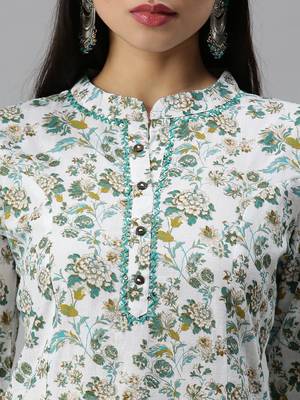 women's mandarin collar floral foil print white straight kurta and trouser with dupatta 5
