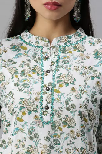 women's mandarin collar floral foil print white straight kurta and trouser with dupatta