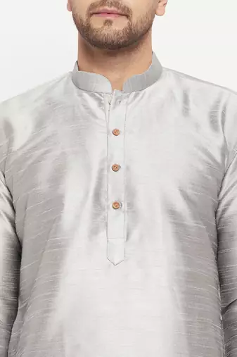 Grey And Black Silk Blend Kurta Pyjama Set
