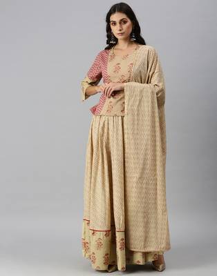 women's round neck chevron foil print beige straight top and skirt with dupatta 1